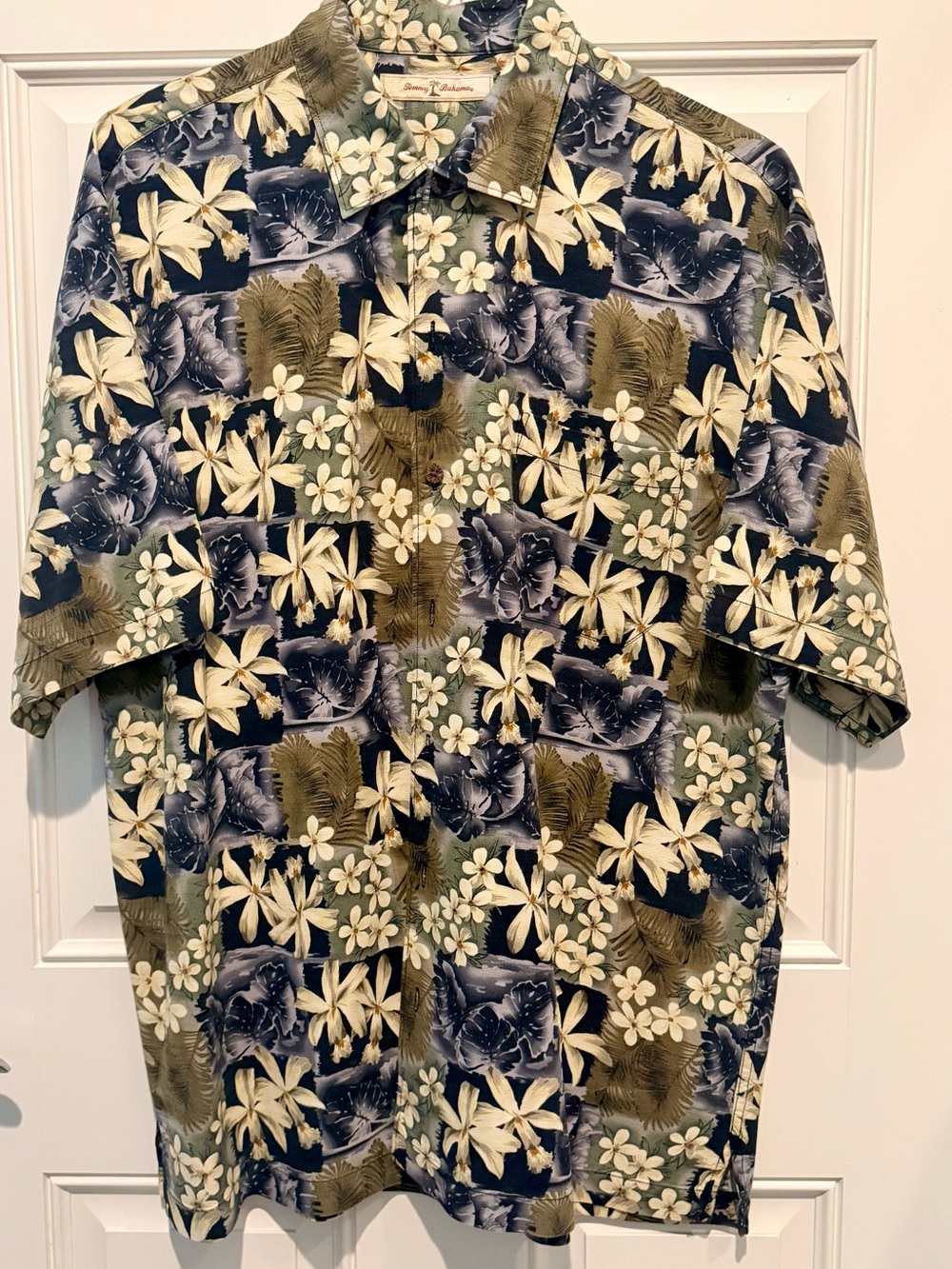 Tommy Bahama Green Floral Camp Shirt with Cream Blooms